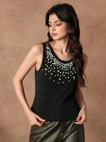 SHEIN Unity Áo nữ thời trang đính cườm hoa thủ công - màu đen - Xem 5