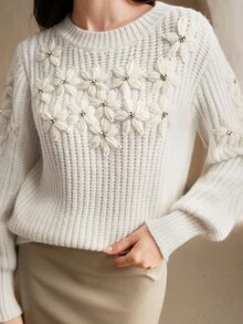 Anewsta New Autumn/Winter Solid Color Knitted Sweater, Handmade Fashion 3D Crochet Design Loose Long Sleeve Pullover For Women - White - View 3