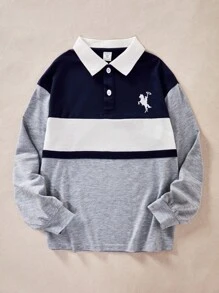 SHEIN Boys' Casual Cartoon Embroidered Polo Shirt, Long Sleeve, Contrast Color Patchwork, New Arrival For Autumn Fall Winter