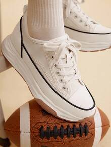 CUCCOO EASI 女式米色增高帆布运动鞋，双色鞋底，休闲系带运动厚底运动鞋