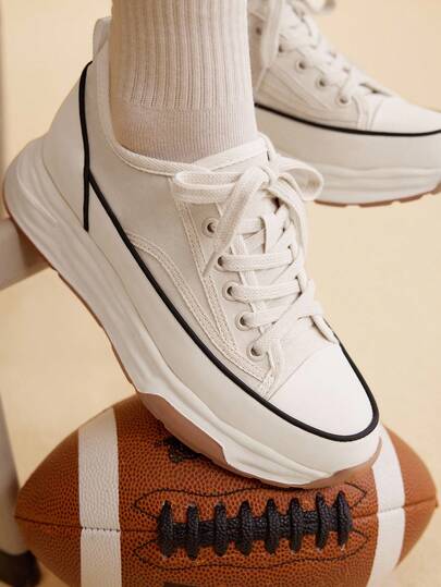 CUCCOO EASI 女式米色增高帆布运动鞋，双色鞋底，休闲系带运动厚底运动鞋