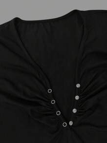 女士休闲纯色修身腰部T恤 - 黑色 - 查看 3