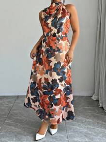 Elenzga Women's Floral Allover Print Sleeveless Stand Collar Casual Long Dress Easter Wear - Multicolor - View 3