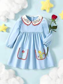 LE PETIT PRINCE X SHEIN Young Girl Cartoon & Rose Pattern Pockets Peter Pan Collar Lantern Sleeve Cute Dress - Blue and White - View 3