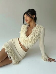 Aloruh 2 件 Y2K 设计性感短款上衣流苏下摆紧身迷你裙和深 V 领长袖针织毛衣套装，秋冬假期 - 杏色 - 查看 5
