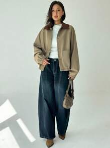 Aloruh 女士撞色翻领落肩长袖单排扣休闲常规夹克秋季女士冬季女士休闲拼色领夹克，春秋季，毕业典礼，返校秋季女士秋季所有女士秋季女士秋季秋季女士秋季女士秋季冬季女士冬季女士冬季夹克女士返校节学校女士夹克时尚秋季