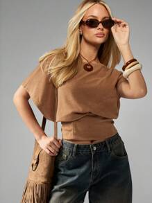 MISSGUIDED 短款针织束腰背心短袖衬衫夏季节日海滩休闲街头服饰日常时尚必备基础款分层上衣修身简约设计 - 棕色 - 查看 1