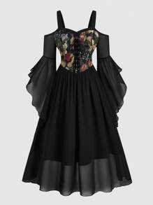 Sweetra Váy tay loe họa tiết hoa cỡ lớn, dây buộc, họa tiết chắp vá - màu đen - Xem 1