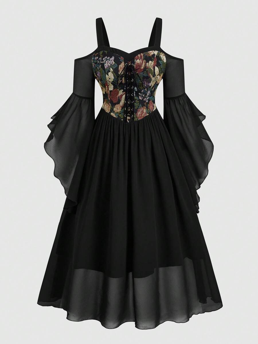 Sweetra Váy tay loe họa tiết hoa cỡ lớn, dây buộc, họa tiết chắp vá - màu đen - Xem 1