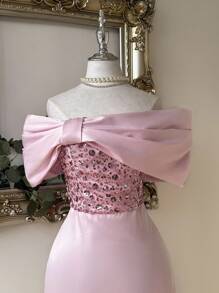 SHEIN Belle Elegant, Romantic, Dignified Pink Satin Sequin Patchwork Asymmetric Bow Bandeau Strapless Off-Shoulder Birthday Party, Wedding, Cocktail Dress - Baby Pink - View 2