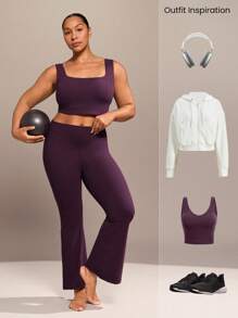 GLOWMODE 28英寸FeatherFit™加大码小码高腰喇叭紧身裤，低冲击瑜伽日常穿着 - Bold Plum - 查看 6