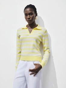 Lumivelle Sweater Pullover Kasual Lembut Wanita dengan Kerah Bergaris dan Blok Warna, Sweater Rajut Musim Gugur/Dingin - MultiWarna - View 4