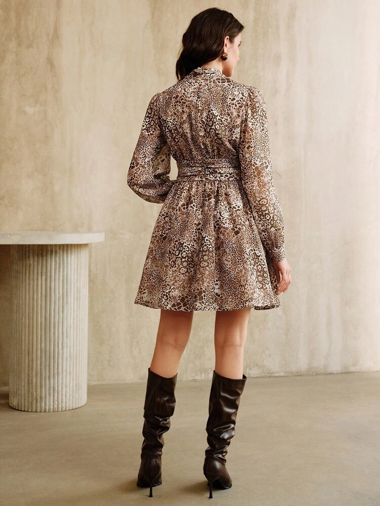 Women's Long Sleeve Fashionable Ribbon Print Leopard Print Short Dress