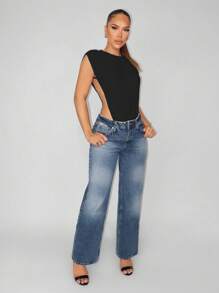 Sirith 女士纯色高腰圆领性感紧身衣 - 黑色 - 查看 3