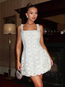 Glamine Women's 3D Floral Square Neck Sleeveless Fashion Mini Dress - Apricot - View 3