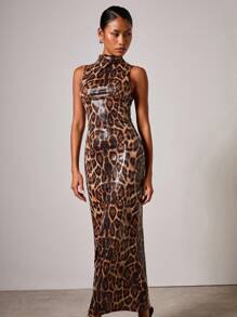 COSMINA 女士优雅豹纹高领连衣裙 - 棕色 - 查看 5