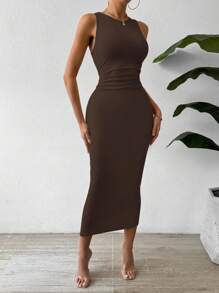 SHEIN PETITE Calvaya Rafferiza Summer Casual Back To School Elegant Sexy Concert Outfit Business Casual Dating Travel Vacation Ruched Waist & Bodycon Slim Fit Sleeveless Dress Round Neck Vest Dress Home Versatile Old Money Style Solid Color Various Color Options Set Maxi Women Outfit Apricot Brown Black Long Dress SummerHoliday Sunny Journey Vacay Vibes Summer Dress