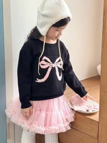 SHEIN Young Girl Casual Pink Bow Decor Pullover Sweater School Top Autumn And Winter Fall - Multicolor - View 7