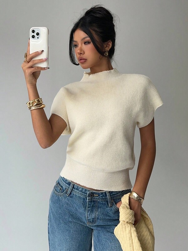 Aloruh Women's Casual Solid Color Minimalist Stand Collar Short Sleeve Sweater