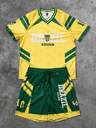Prep Conjunto de camiseta con estampado de fútbol de Brasil y logotipo "BRAZIL" en inglés para hombres, estilo deportivo y urbano americano de manga corta