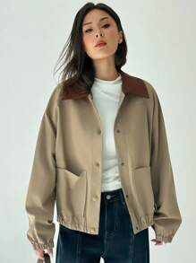 Aloruh 女士撞色翻领落肩长袖单排扣休闲常规夹克秋季女士冬季女士休闲拼色领夹克，春秋季，毕业典礼，返校秋季女士秋季所有女士秋季女士秋季秋季女士秋季女士秋季冬季女士冬季女士冬季夹克女士返校节学校女士夹克时尚秋季