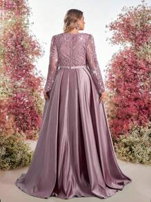 Glamrae Plus Size Elegant Romantic Boat Neck Long Sleeve Sheer Beaded Embroidered Patchwork A-Line Formal Gown - Pink - View 2
