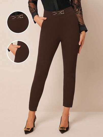 Amorya Women's High Waist Metallic Buckle Detail Skinny Pants Stretchy Pants,Fall