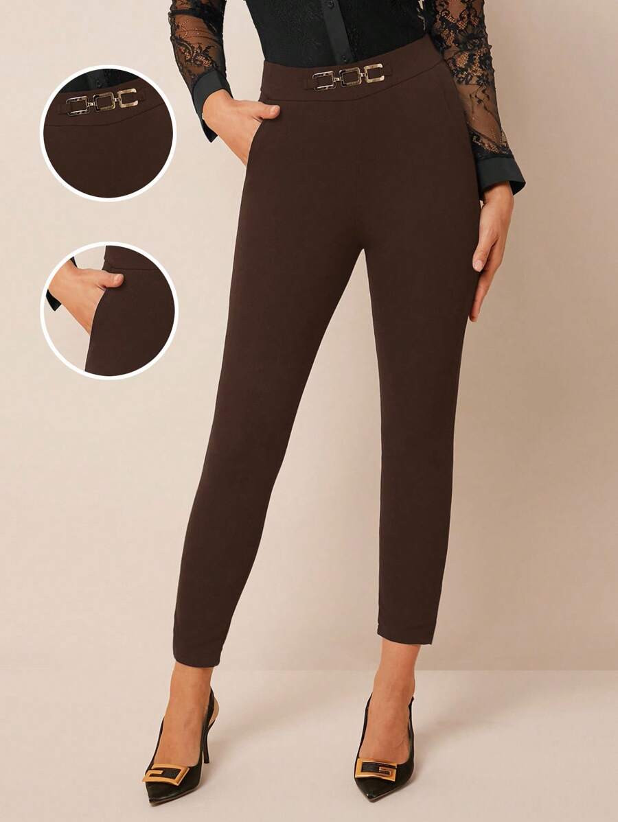 Amorya Women's High Waist Metallic Buckle Detail Skinny Pants Stretchy Pants,Fall