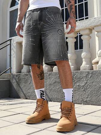 Street Life Men's Diamond Floral Print Denim Shorts Jorts, Minimalist And Fashionable For Casual Daily Wear