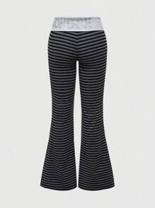 ROMWE Avant Y2K Retro Striped Flag Rhinestone Contrast Color Low Waist Women Pants - Black - View 2