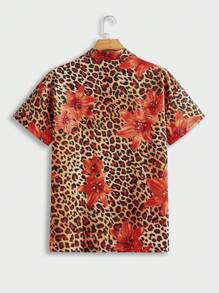 Manfinity VCAY 男士休闲花卉豹纹短袖领梭织衬衫 - 紅色 - 查看 3