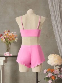 SHEIN Swim 3pcs/Set Floral Trim Splitfront Swimwear For Summer Beach Vacation - Pink - View 3