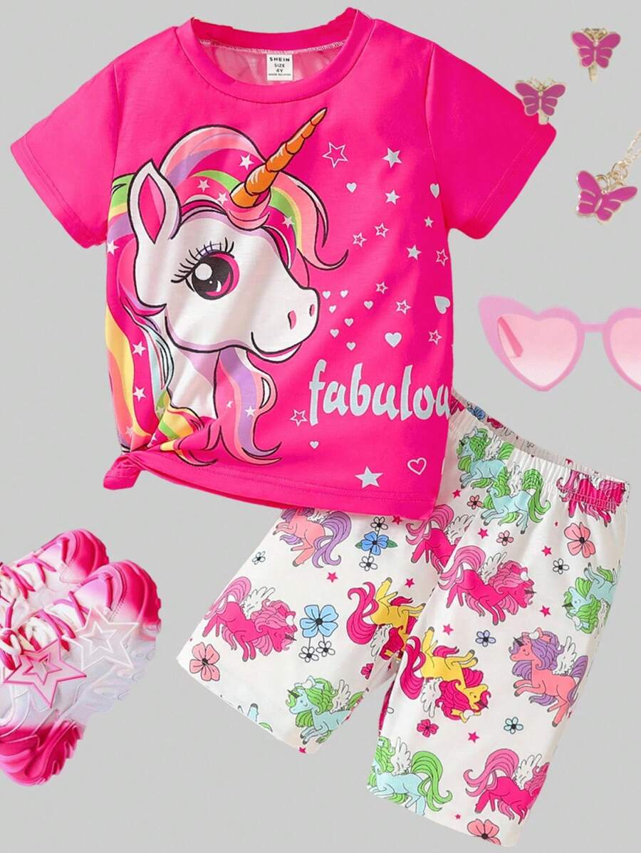 SHEIN 2pcs/Set Young Girls' Colorful Dopamine Unicorn Print Round Neck Short Sleeve Top And Elastic Waist Shorts, Summer, School, Campus, College Summer Holiday - Hot Pink - View 1