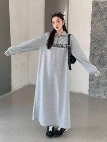 SHEIN Áo đầm nỉ dài tay in chữ màu xám cho bé gái tuổi teen, kiểu dáng thường ngày, dễ phối đồ, phù hợp cho mùa tựu trường, thu/đông. - Xám - Xem 5