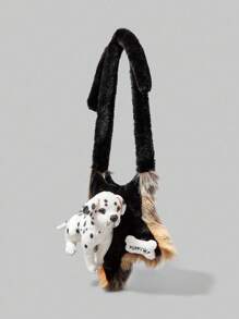 ROMWE Anime 哥特斑点狗骨头毛绒五角星单肩包，休闲 Y2K 朋克风格毛绒斜挎包，适合女士，秋冬，万圣节 - 黑色 - 查看 2