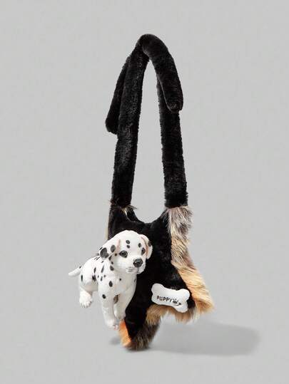 Anime Goth Spotted Dog Bone Plush Pentagram Shoulder Bag, Casual Y2K Punk Style Furry Crossbody Bag For Women, Autumn/Winter, Halloween