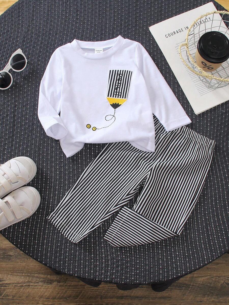 SHEIN 2 Stücke Baby Jungen Akademie Besticktes Bleistift Muster Weiß Gestricktes Langarm T-Shirt und gestreifter Lässig Webware Hosen Set, vielseitig für Schule, Alltag, Ausflüge, Urlaub, Reisen, Entspannung, Sonnenbaden, Herbst, Outdoor Sport und Lässig Outfit Baby Jungen Kleidung Herbst Kleidung Baby Jungen Sets Jungen Kleidung für Baby Herbst Baby Herbst Kleidung Set Premium Baby Kleidung Outfits für Baby Jungen Baby Jungen Kleidung Kinderbekleidung Jungen Kleidung Winter - Verschiedenfarbig - Übersicht 1