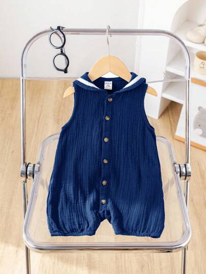 SHEIN Baby Boy/Girl Navy Collar Contrast Color Vintage Button Sleeveless Romper Shorts Set, Casual School Style For Summer Vacation, Outing And Indoor Wear