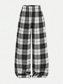 Girlism 青少年女孩格子日常穿着微绒足球/足球运动裤黑白宽腿裤