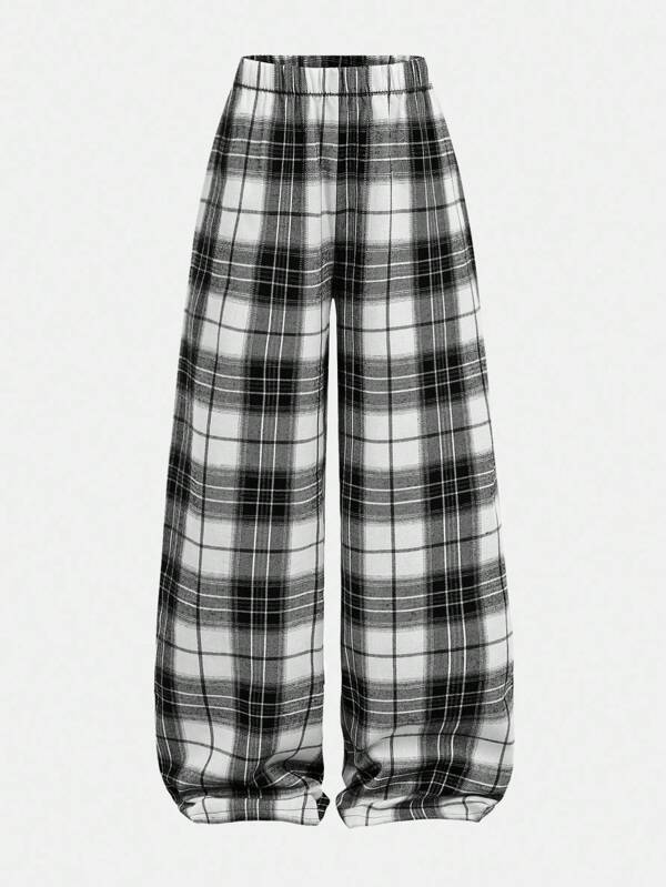 Girlism Teen Girls Pants Plaid Daily Wear Microfleece Football/Soccer Black And White Sportswear Wide Leg Pants/Back To School,Fall,Winter/Y2k,Halloween