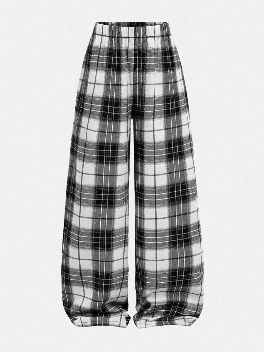 Girlism 青少年女孩格子日常穿着微绒足球/足球运动裤黑白宽腿裤