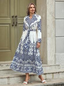 EMERY ROSE Đầm dài tay bó eo cho nữ - Xanh và trắng - Xem 1