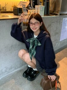 DAZY Women's L Size Hooded Plaid Lace-Up Casual Long Sleeve Sweatshirt Fall,Winter