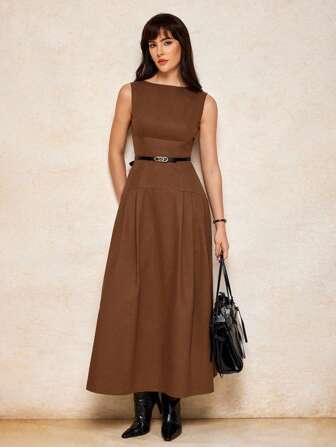 House of One 优雅无袖性感束腰低腰褶皱长裙女秋季优雅派对复古秋季服装商务职业女性商务休闲女装