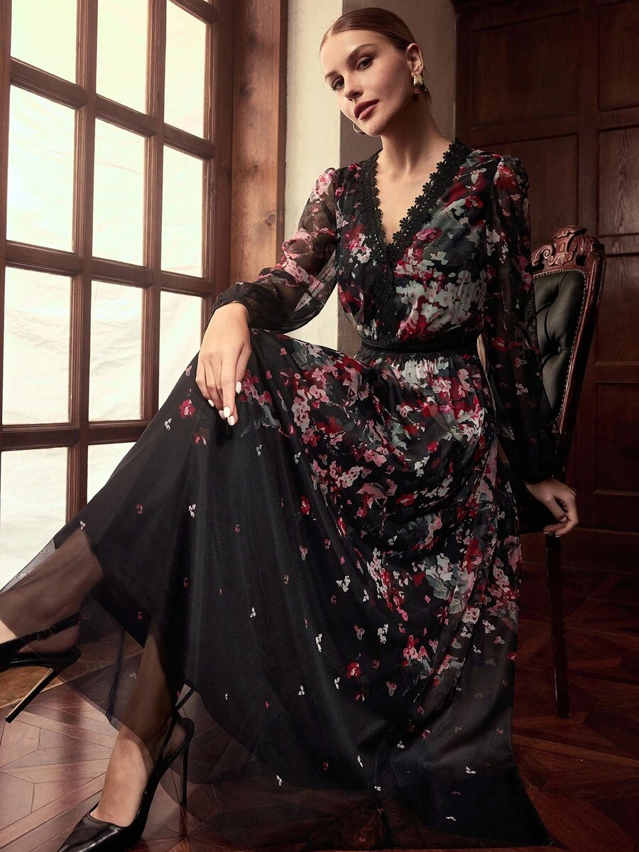 ZEYLAH Lace Patchwork Print Maxi Dress, Autumn/Winter - Black - View 1