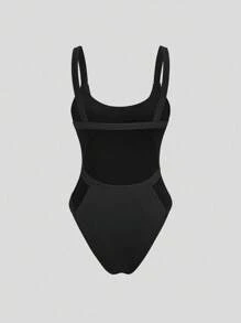 Sweetra 女式基本款圆领无袖镂空后背连体衣，黑色，春夏 - 黑色 - 查看 2