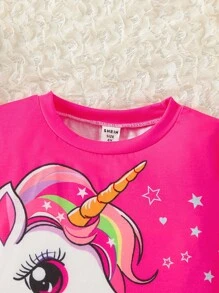 SHEIN 2pcs/Set Young Girls' Colorful Dopamine Unicorn Print Round Neck Short Sleeve Top And Elastic Waist Shorts, Summer, School, Campus, College Summer Holiday - Hot Pink - View 5