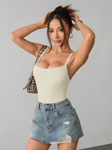 SHEIN PETITE Women's Ribbed Ribbed High Elastic Tight Suspender White Bodysuit - White - View 5