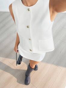SHEIN EZwear 女士白色单排扣背心和裙子休闲两件套 - 白色 - 查看 6
