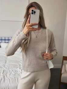 Louniche Solid Drop Shoulder Sweater,Long Sleeve Tops - Khaki - View 7